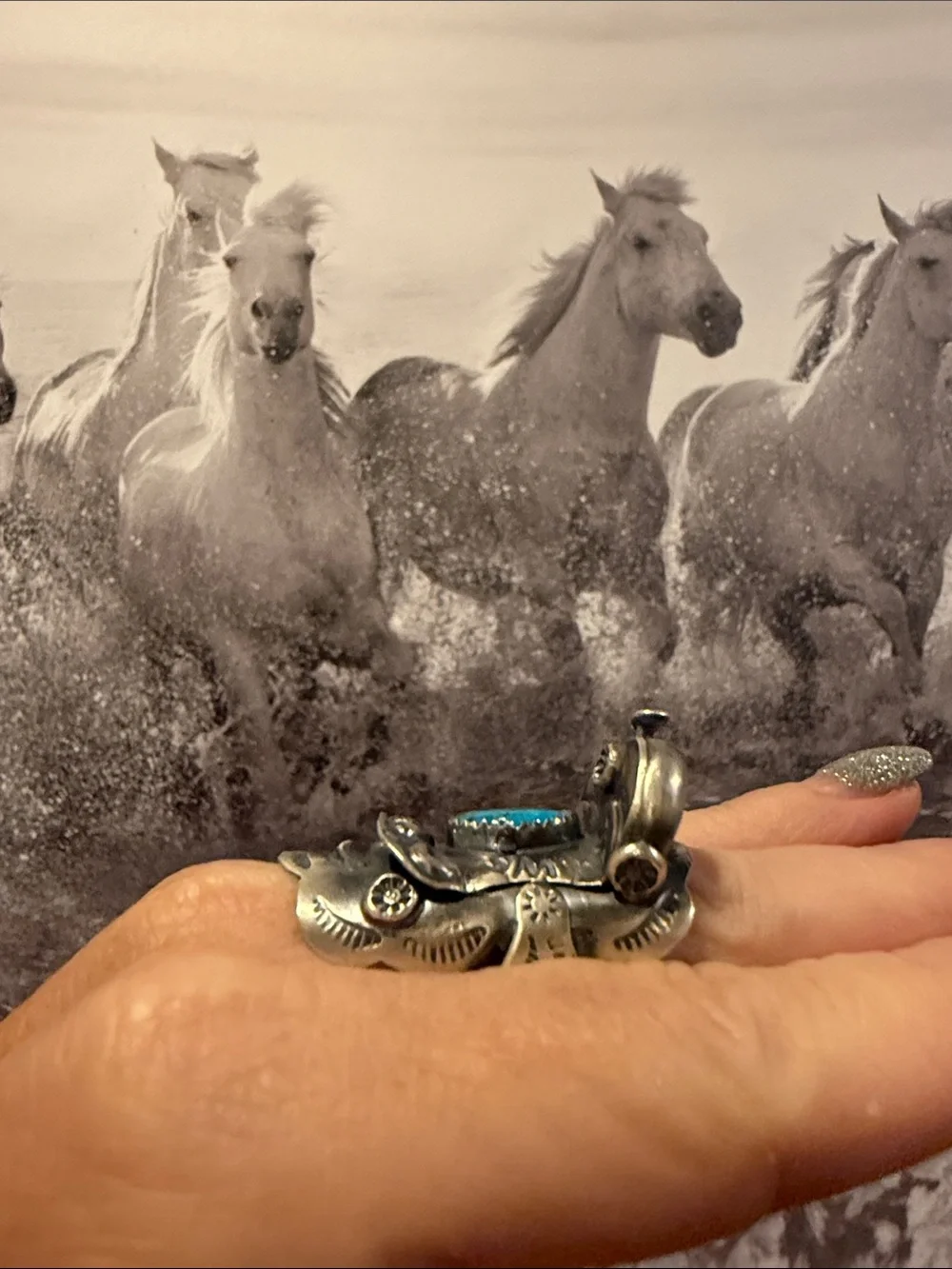 Tim Yazzie Turquoise Sterling Saddle Ring Sz 8 - Picture 4 of 9